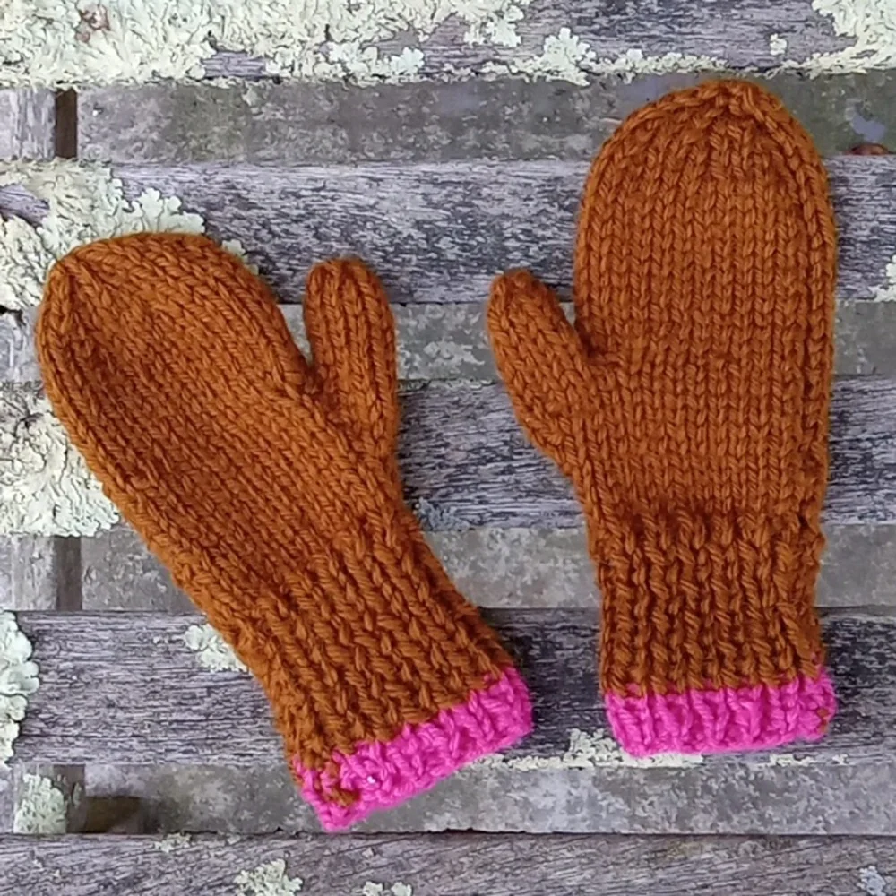 Hand Crafted 100% Wool Handknit Girls Brown & Pink Stripe Mittens 2-4 Years